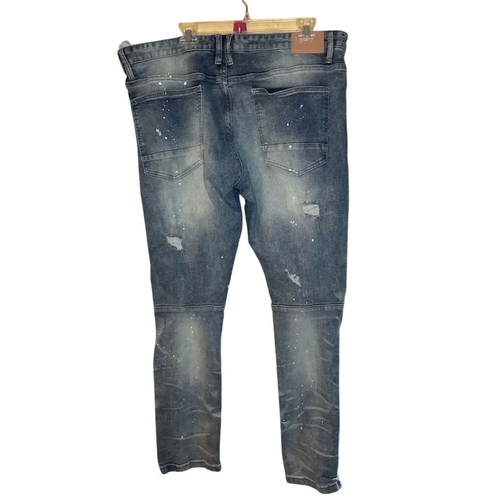 Smoke Rise Men's Distressed Splatter Paint Jeans Blue Size 40x32
